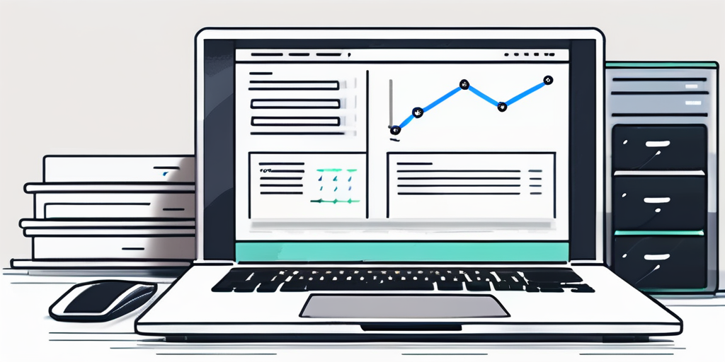 Simples Computer-Setup mit offenem Laptop, der eine benutzerfreundliche Domain-Registrierungsoberflaeche zeigt, neben Budgetierungswerkzeugen wie Taschenrechnern und Finanzdokumenten zur Betonung kosteneffektiver Strategien.