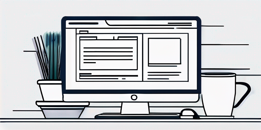 Schlanker Computermonitor zeigt gut gestaltetes Webdesign, Notizblock und Kaffeetasse symbolisieren Planung fuer Domainreservierung.