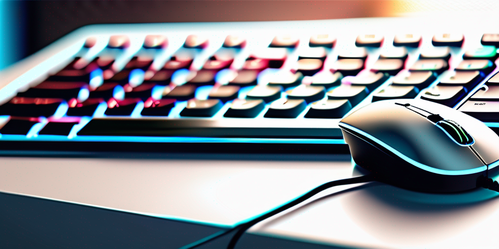 Nahaufnahme einer Computertastatur und Maus mit unscharfem Hintergrund, betont digitale Technologie und Online-Strategie, weiches Licht hebt modernes Design hervor, geeignet fuer Diskussionen ueber Domain-Strategien.