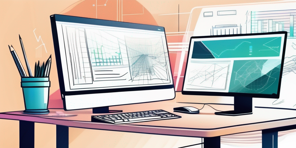 Sauberer, moderner Arbeitsplatz mit Computer, der ein lebendiges, ordentlich organisiertes UI-Design zeigt, umgeben von Notizen und Skizzen zur App-Entwicklung.