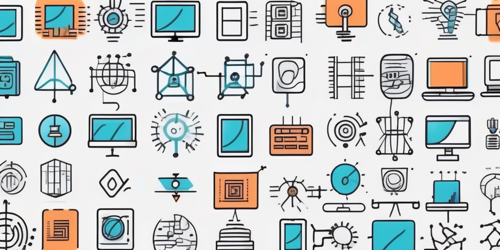 Various software icons connected by digital lines