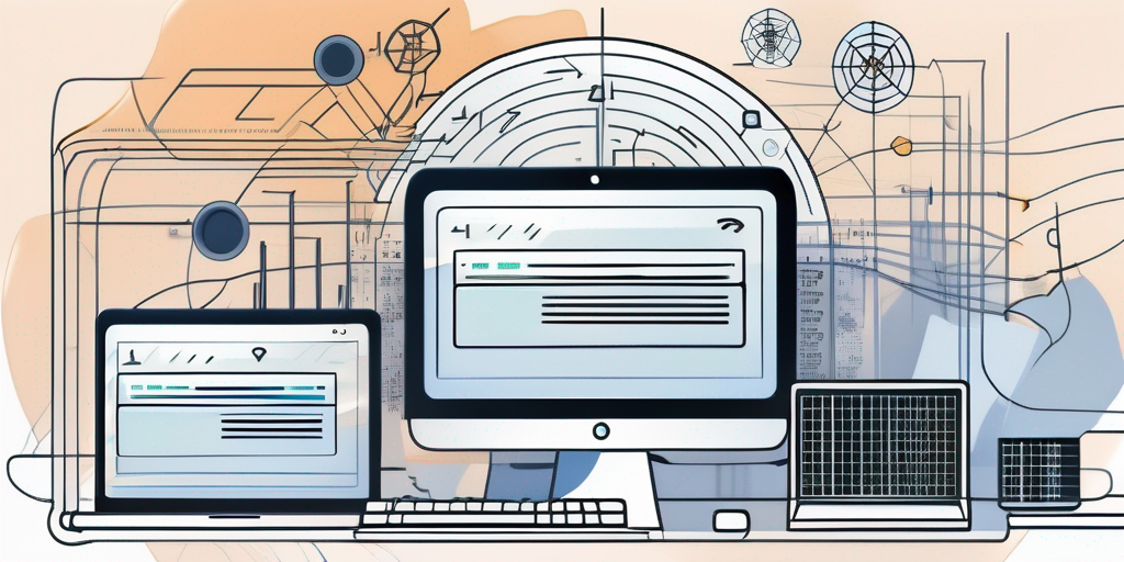 Computerbildschirm zeigt Webadressen, umgeben von Symbolen fuer Mythen und Fehlinformationen, vor modernem Hintergrund fuer Klarheit und Organisation.