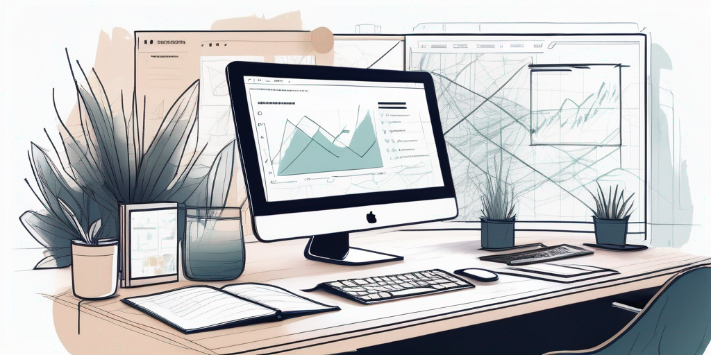 Optimierter ALT-Tag: Sauberer, ansprechender Desktop-Arbeitsplatz mit Computer, der ein grafisch anspruchsvolles, benutzerfreundliches Webdesign zeigt, umgeben von Notizen und Skizzen zur Webseitenplanung.