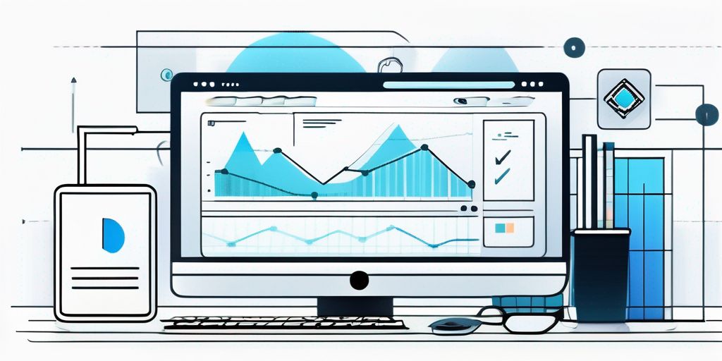 Moderne Arbeitsplatzgestaltung mit minimalistischem Schreibtisch, Computer mit Diagrammen und Symbolen fuer Webentwicklungstools, ideal fuer effiziente Webseitenerstellung.