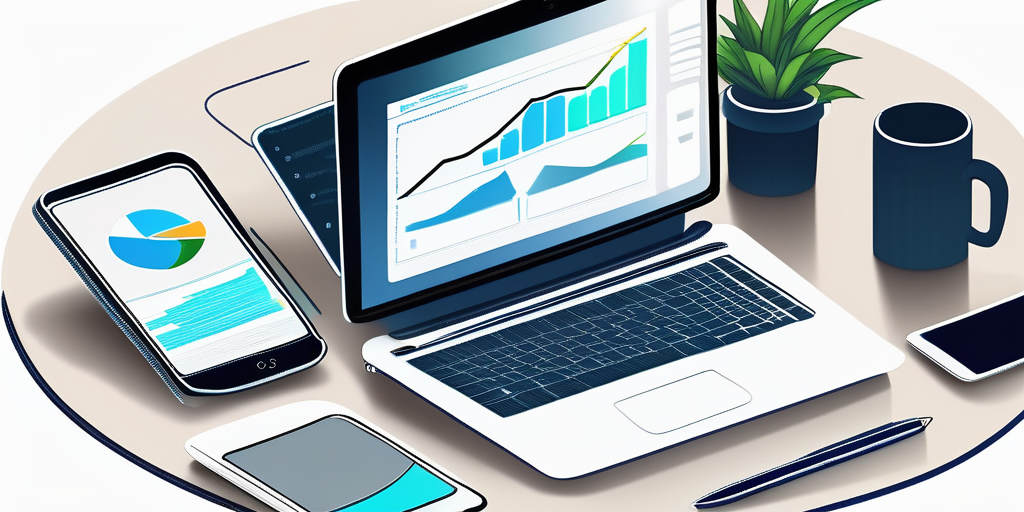 Laptop, Smartphone und Tablet auf einem sauberen, organisierten Schreibtisch zur Darstellung der Integration von Technologie im Geschaeftsleben durch strategische Nutzung von Domainnamen.