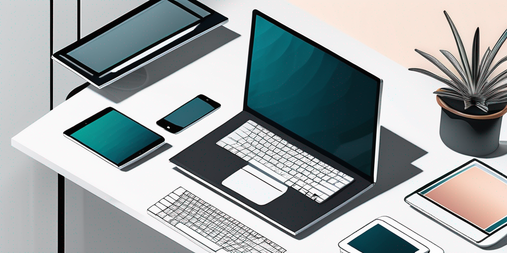 Moderne digitale Geraete zeigen Webdesign Layouts in einem professionellen, minimalistischen Umfeld mit Werkzeugen wie Farbpaletten und Rastersystemen.