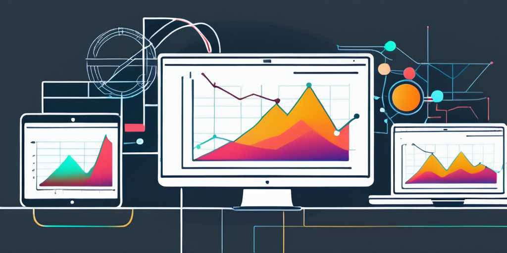 Digitale Geraete zeigen vielfaeltige abstrakte Darstellungen von Internetdomains, Hintergrund mit Graphen und Diagrammen zur Analyse top Domains.