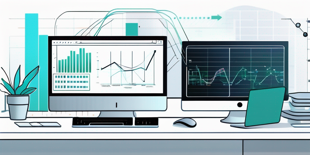 Digitaler Arbeitsplatz mit offenem Programmierungssoftware auf dem Computer, umgeben von Diagrammen und Grafiken zur Kostenanalyse und Budgetierungsstrategien.