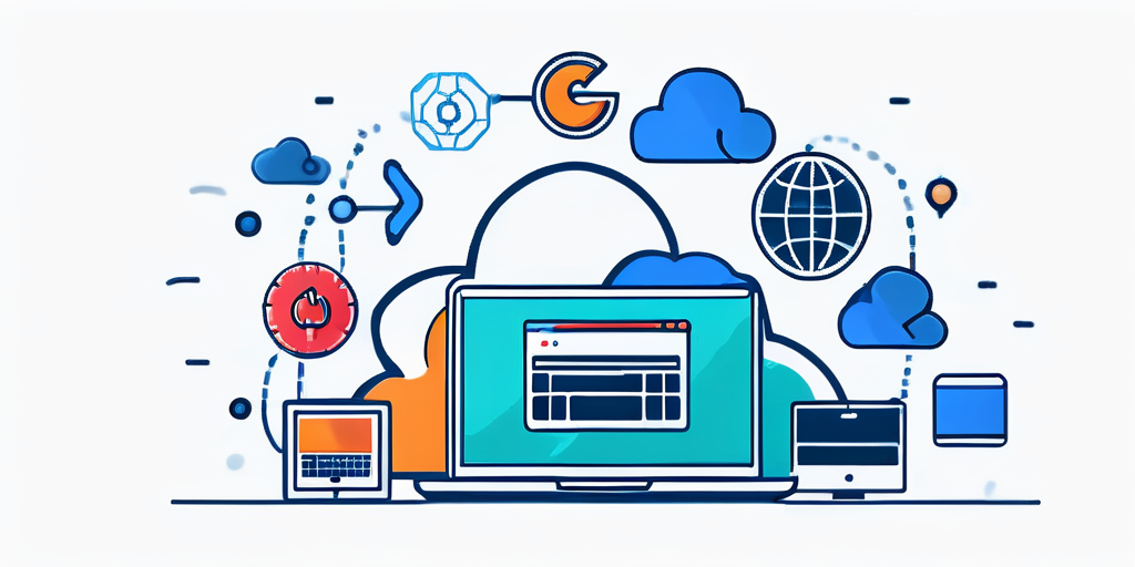 Digitale-Icons-wie-Webbrowser-und-Cloud-Symbole-fuer-Internet-Domain-Strategien-und-Online-Business-Tools-mit-vibranten-Verbindungen-fuer-effektives-Digital-Asset-Management