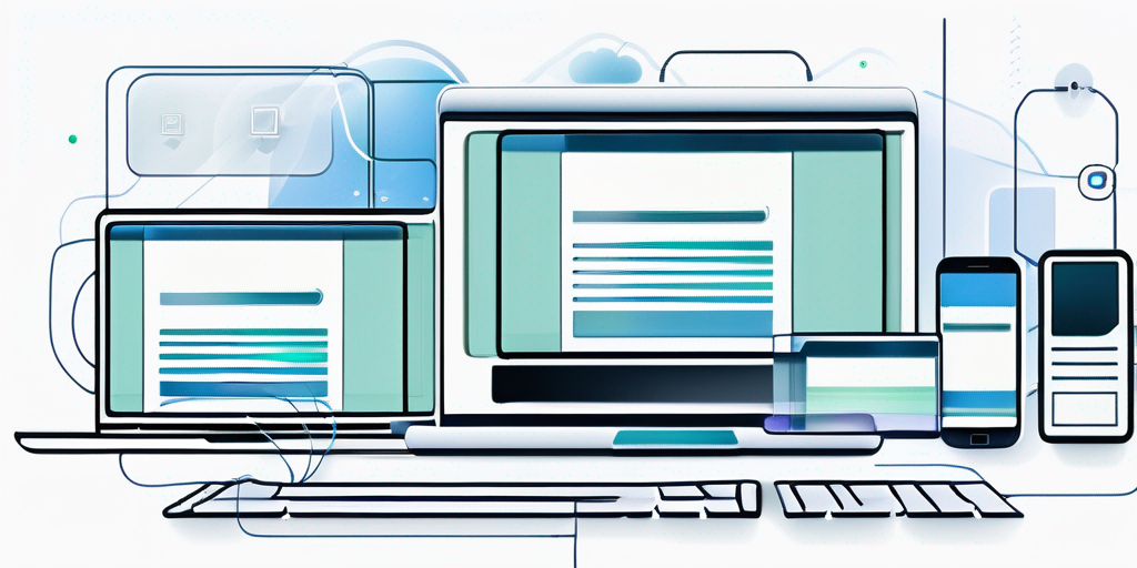 Digitale Geraete wie Laptops und Tablets mit Hintergrund aus abstrakten Online-Konnektivitaetssymbolen, passend zur Domainreservierung.