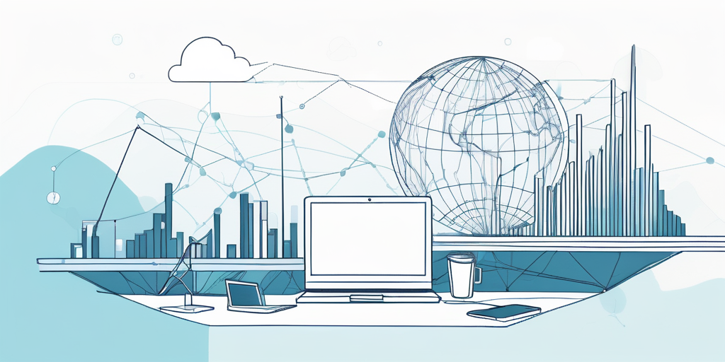 Unternehmen gedeihen online mit abstrakten Illustrationen vernetzter digitaler Landschaften und Konzeptdarstellungen globaler Reichweite und Einfluss.