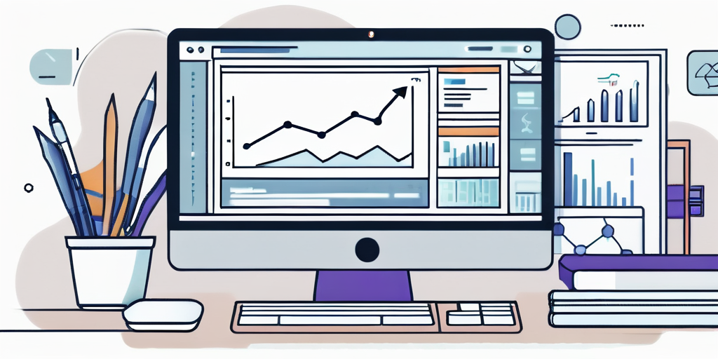 Desktopcomputer zeigt modernes Webdesign, umgeben von Digitalmarketing-Tools und Symbolen fuer SEO und Datenanalyse.