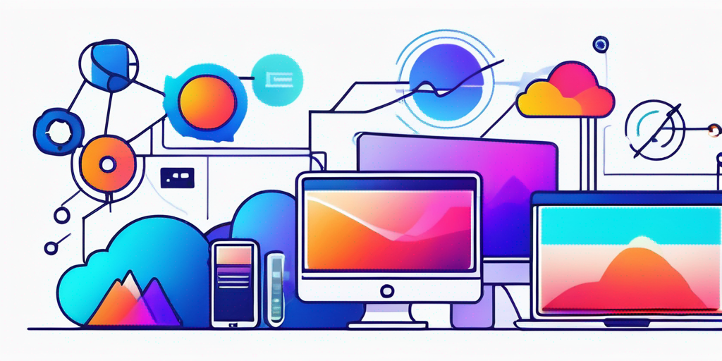 Abstrakte Symbole fuer digitale Technologie und Innovation mit dynamischen Linien und lebhaften Farben, die den kreativen Prozess der Auswahl eines einpraegsamen Domainnamens betonen.