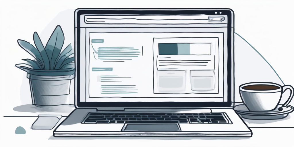 Computerbildschirm mit Browser-Tabs und Suchmaschine zur Auswahl effektiver Domainnamen, Notizbuch und Kaffeetasse sichtbar