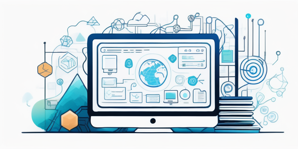 Verschiedene Domainnamen-Optionen auf einem digitalen Bildschirm, umgeben von Symbolen fuer Internet und Kreativitaet zur Foerderung von Brainstorming fuer effektive Webseitennamen.