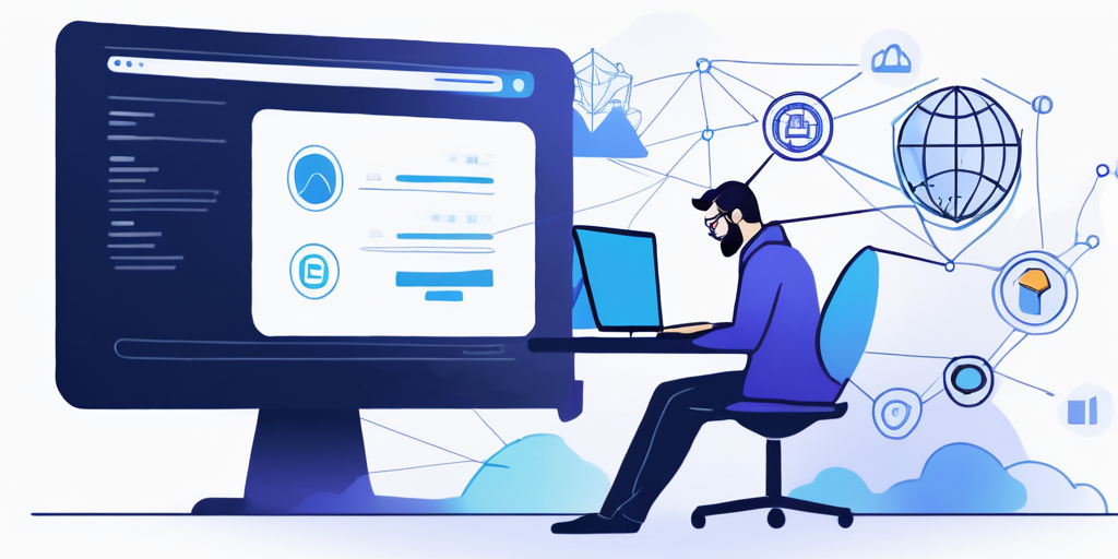 Fokussierte Person sucht und analysiert Domainnamen am Computer umgeben von Symbolen fuer Internet, Sicherheit und digitale Technologie.
