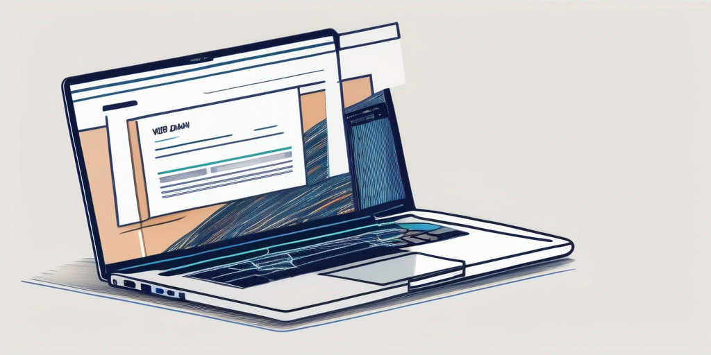Laptop zeigt Webseite mit Suchleiste zur Ueberpruefung der Domain-Namen-Verfuegbarkeit, umgeben von verschiedenen digitalen Geraeten.