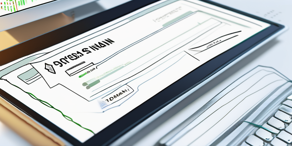 Nahaufnahme eines Computerbildschirms mit verfuegbaren Domainnamen auf einer Registrierungswebsite, Mauszeiger auf bevorzugte Wahl, Notizblock mit Ueberlegungen im Hintergrund.