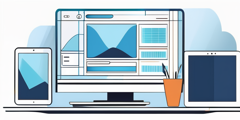 Digitale Geraete wie Laptops oder Tablets, die Benutzeroberflaechen zur Domainregistrierung mit klaren Grafiken darstellen.