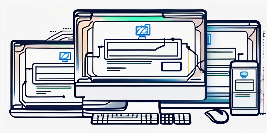 Computerbildschirm zeigt eine offene Domain-Registrierungswebsite, umgeben von Symbolen fuer Internetverbindung und digitale Sicherheit wie Vorhaengeschloesser und Netzwerk-Icons.