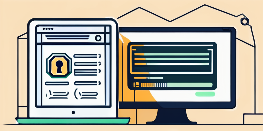 Computerbildschirm mit Domain-Registrierungsseite und Sicherheitssymbol, betont die Wichtigkeit der Sicherung einer gewuenschten Domain.