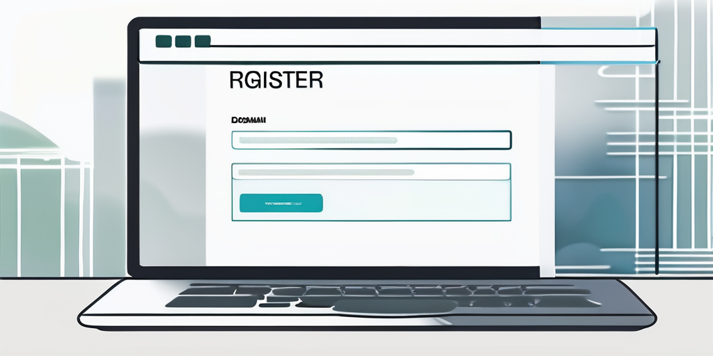 Nahaufnahme eines Computerbildschirms, der eine Domain-Registrierungsseite anzeigt, mit Cursor ueber dem Registrierungs-Button, unscharfer Hintergrund deutet auf professionelles Buero hin.