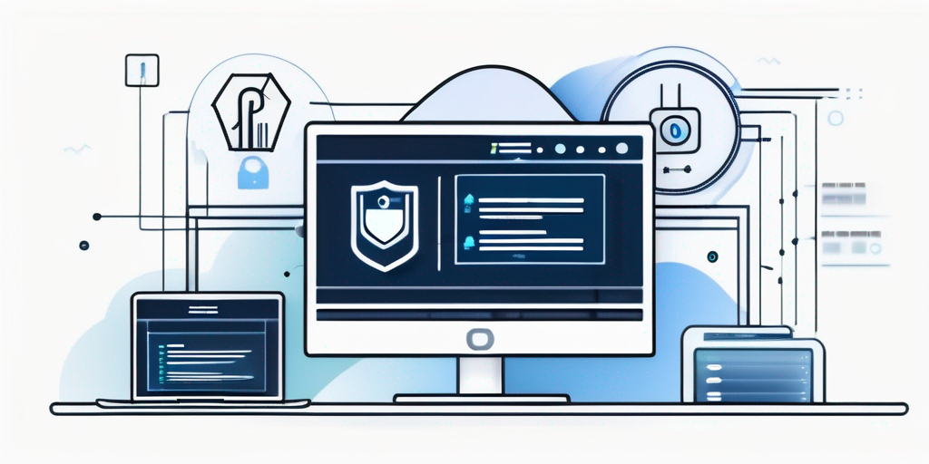Digitaler Bildschirm zeigt Webseite fuer Domainreservierungen mit Symbolen fuer haeufig gestellte Fragen und digitale Sicherheit, Thema Online-Informationen und Cybersicherheit.