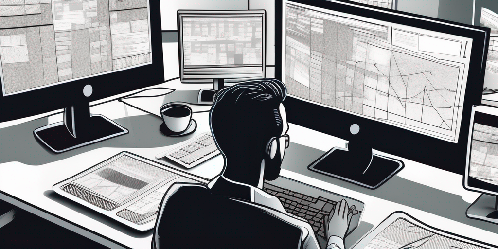 Gestresste Person sitzt an ueberfuelltem Schreibtisch mit mehreren Bildschirmen, die Fehlermeldungen anzeigen, und symbolisiert die Komplexitaet bei der Domain-Reservierung.