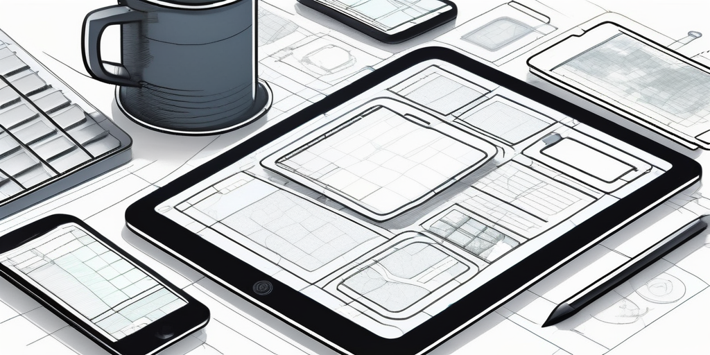 Tablet mit strukturiertem Wireframe-Layout und mobilen App-Schnittstellenelementen, zeigt Planung und Problemlösung in der App-Entwicklung.