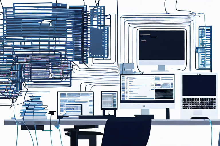 Verzweifelter Entwickler am Schreibtisch mit Coding-Buechern, Fehlermeldungen auf dem Computer und verschlungenen Kabeln.
