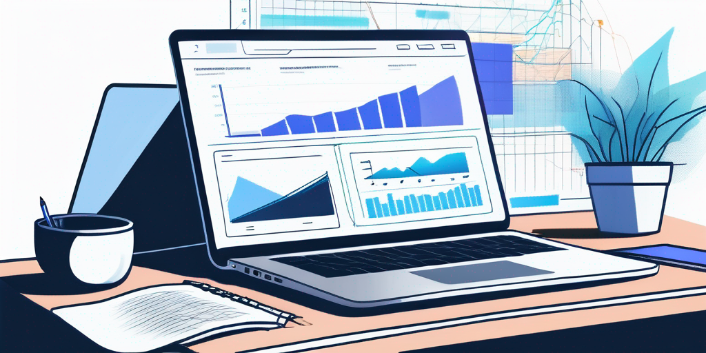 Digitaler Arbeitsplatz mit Laptop, der eine grafisch ansprechende Website zeigt, umgeben von Notizen und Marketing-Analytik-Diagrammen zur Illustration von Strategien fuer den Domain-Erfolg.