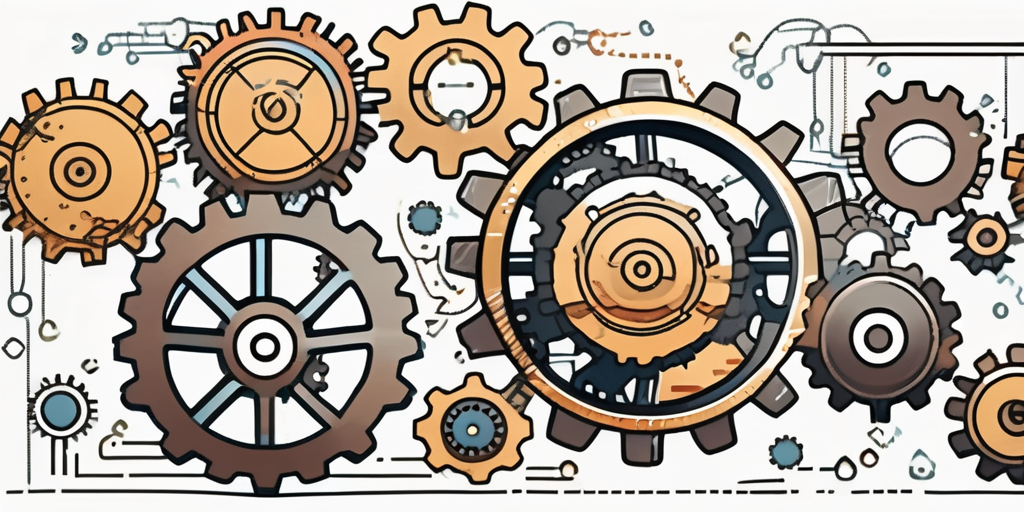 Various software development tools and coding languages represented as gears and cogs working harmoniously in a well-oiled machine