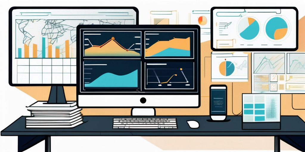 Moderne Arbeitsplatzgestaltung mit mehreren Bildschirmen, die Website-Entwicklung zeigen, umgeben von Notizen und Diagrammen zu Planungs- und Designstrategien.