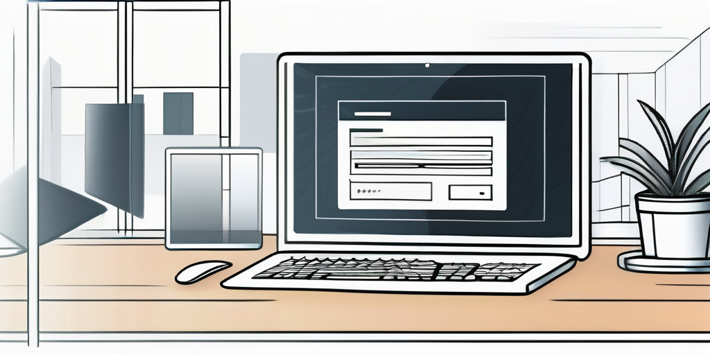 Schlanker Computerarbeitsplatz mit beleuchtetem Bildschirm, benutzerfreundlicher Oberflaeche zur Domain-Namenswahl und -registrierung, in einem organisierten professionellen Umfeld.