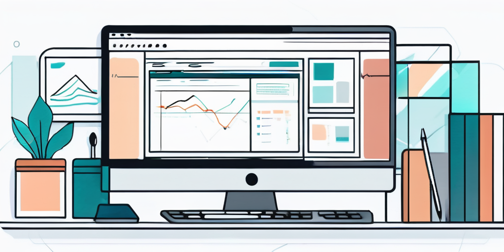 Moderner, organisierter Arbeitsplatz mit Computer, der ein grafisch ansprechendes Website-Layout zeigt, umgeben von Notizblock, Skizzen und Farbpaletten.