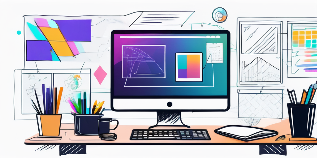 Organisierter Arbeitsplatz mit modernem Computer, Designskizzen und bunten Notizen fuer kreatives Brainstorming und erfolgreiche Webseitenverwaltung.