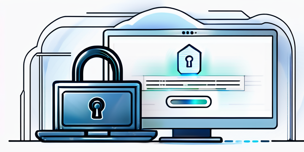 Konzept fuer Internetsicherheit und Online-Markenschutz mit digitalem Schloss auf Computerinterface mit Domain-Registrierungsseite.