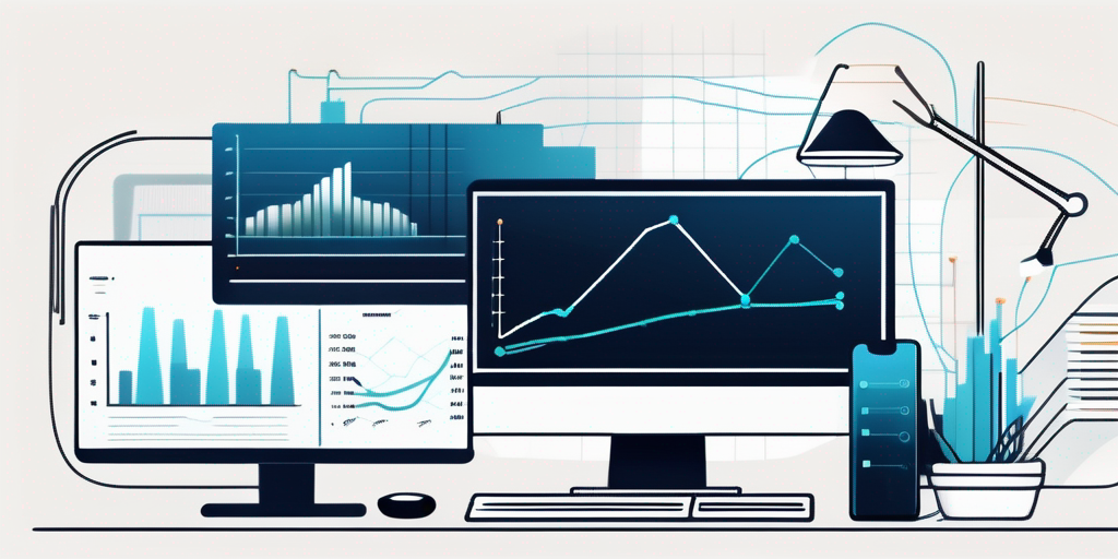 Moderne Arbeitsplatzgestaltung mit Computer, der Diagramme und Flussdiagramme zur App-Entwicklungseffizienz zeigt, umgeben von digitalen Geraeten und minimalistischer Dekoration.