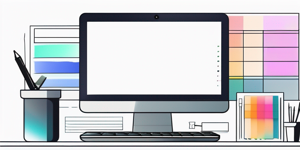 Minimalistischer Arbeitsplatz mit Laptop und Designsoftware, umgeben von Farbmustern und Notizen fuer Webdesign, sowie moderne Werkzeuge wie Tablets und digitale Stifte, die auf professionelle Webentwicklung hinweisen.