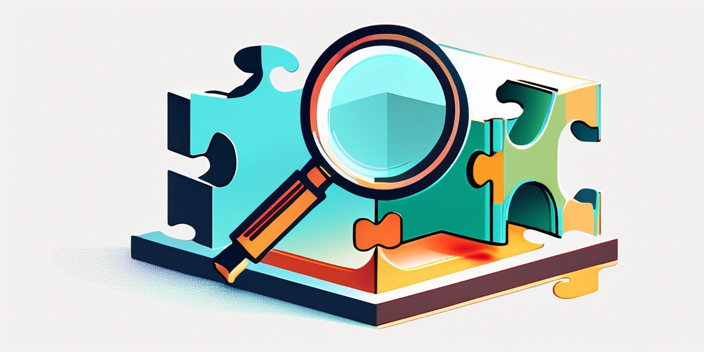 Lupe schwebt ueber Puzzleteilen, die ein Webseiten-Domain-Symbol formen, auf digitalem, professionellem Hintergrund.