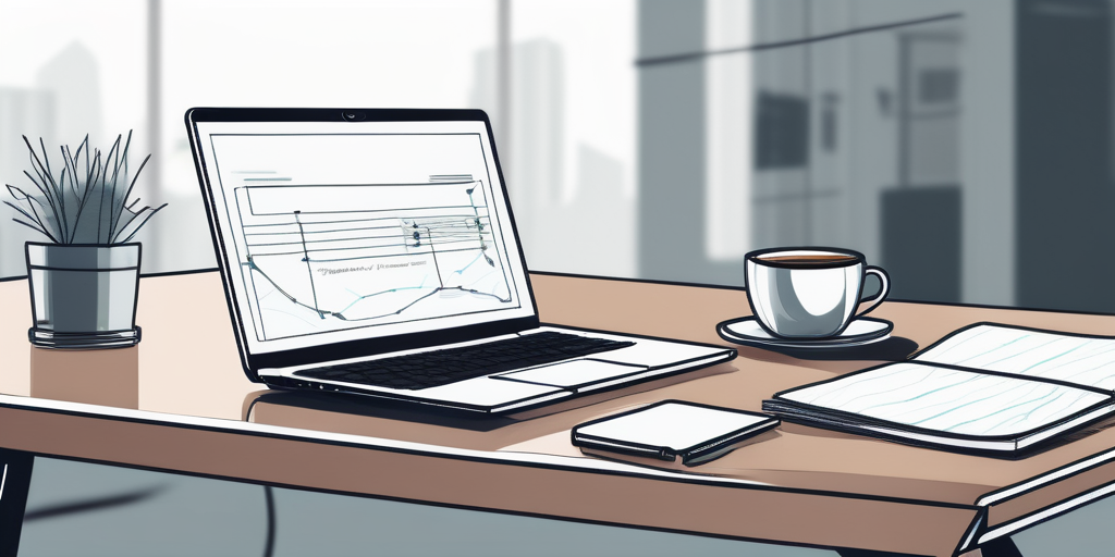 Nahaufnahme eines eleganten Laptops auf einem modernen Schreibtisch, umgeben von Notizen und einer Kaffeetasse, Symbol fuer digitalen Erfolg durch strategische Domainwahl.