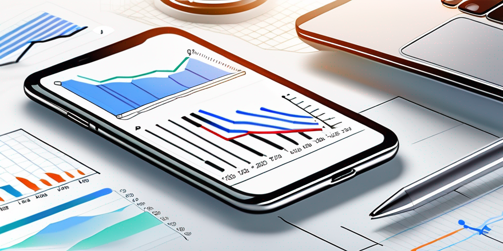 Moderner Arbeitsplatz mit Smartphone, das Diagramme zeigt, umgeben von Marketingmaterialien zur Betonung von strategischer Planung und Datenanalyse in der App-Entwicklung.