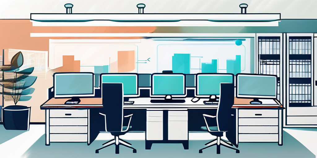 Bild eines modernen Buero-Umfelds mit Computern und digitalen Geraeten, ideal fuer App-Entwicklung und Teamarbeit, inklusive Flussdiagrammen und Entwicklungsplaenen.