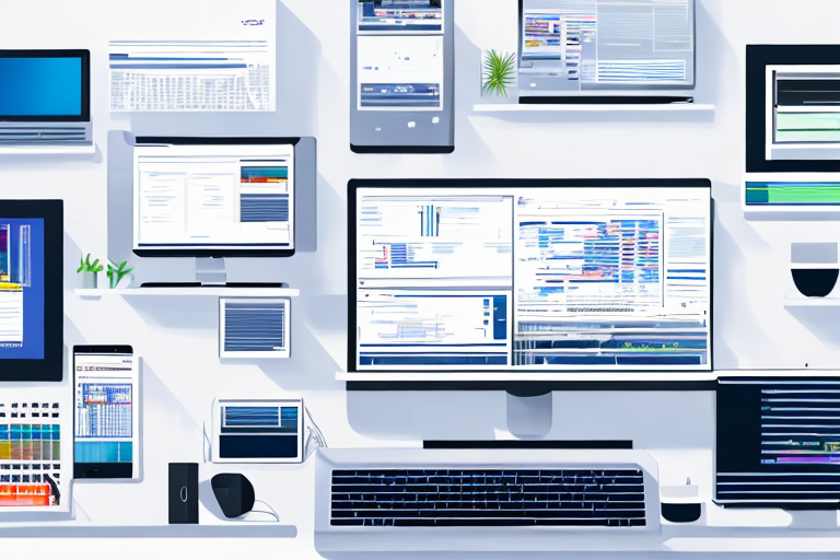 Modernes, dynamisches Buero mit Computern, die Code anzeigen, und Webentwicklungstools fuer eine produktive Atmosphaere.