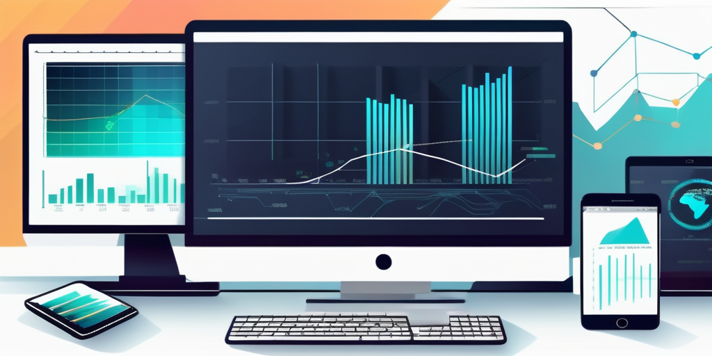 Schlanker, moderner Arbeitsplatz mit digitalen Geraeten, die Grafiken und Code zeigen, symbolisiert innovativen Ansatz in der App-Entwicklung.