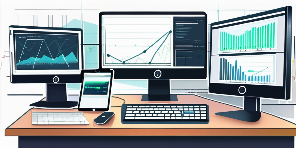 Moderne Arbeitsplatzgestaltung mit digitalen Geraeten, Grafiken und Code fuer fortschrittliche App-Entwicklung, Produktivitaet und technologische Innovation.