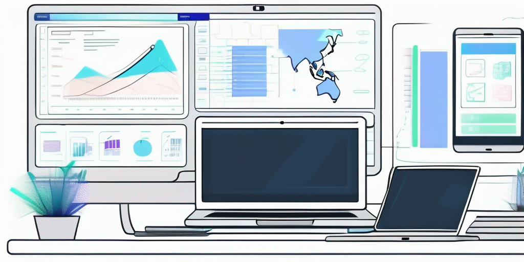 Moderner Arbeitsplatz mit Laptop auf Programmierschnittstelle, umgeben von Tablets mit App-Prototypen und Notizen mit Flussdiagrammen zur App-Entwicklung.