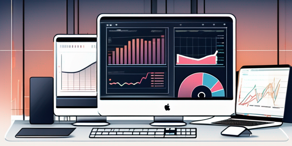 Moderne Arbeitsplatzgestaltung mit digitalen Geraeten, Grafiken und agilen Methoden fuer App-Entwicklung, betont Effizienz und Innovation in der Technologiebranche.