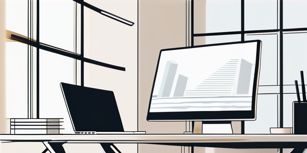 Moderner Computer in einem minimalistischen Buero, der die Einfachheit und Effizienz des Domain-Reservierungsprozesses betont, mit weichem Licht fuer eine produktive Arbeitsatmosphaere.