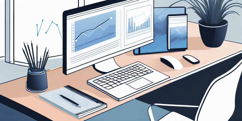 Moderner Arbeitsplatz mit Computer, der eine Webseitengrafik zeigt, umgeben von digitalen Marketingwerkzeugen und Notizen zu Webdesign-Strategien.